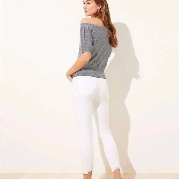 NEW LOFT Off Shoulder Knit Top Womens Large XL White Blue Striped Casual - Picture 2 of 8